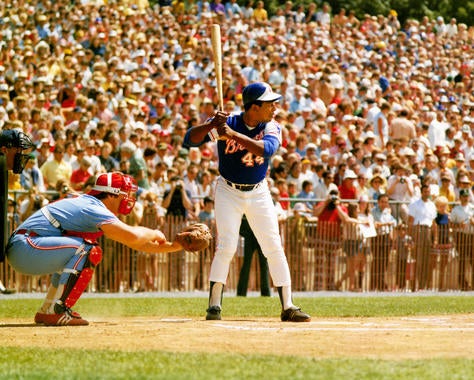 Hank Aaron bats during the Hall of Fame Game at Doubleday Field on Aug. 12, 1974. The catcher is Pete Varney of the White Sox. (National Baseball Hall of Fame and Museum)