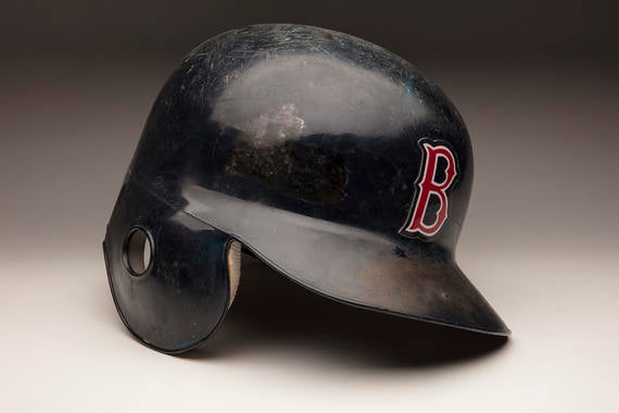 David Ortiz wore this helmet when he hit his record-setting 43rd home run as a designated hitter in 2005, breaking Edgar Martinez’s single-season record of 37. (Milo Stewart Jr./National Baseball Hall of Fame and Museum)