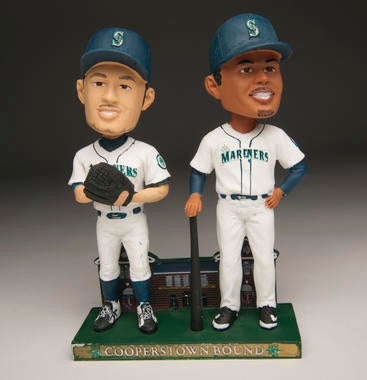 A joint bobblehead doll of Seattle Mariners stars Ichiro Suzuki (left) and Ken Griffey Jr. given to fans during the 2010 season. B-2254-2010 (Milo Stewart, Jr. / National Baseball Hall of Fame Library)