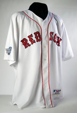 David Ortiz wore this jersey during the 2004 World Series, when the Red Sox captured their first championship in 86 years. (Milo Stewart Jr./National Baseball Hall of Fame and Museum)