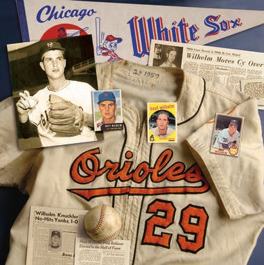 A collection of Hoyt Wilhelm artifacts now preserved at the Hall of Fame. Wilhelm was inducted in 1985. (Milo Stewart Jr. / National Baseball Hall of Fame) 