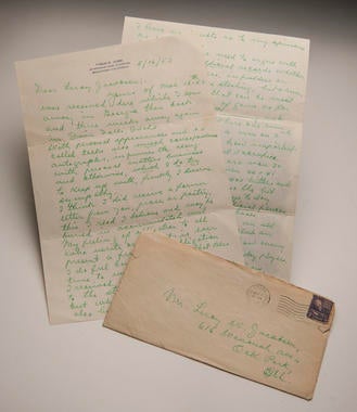 Leroy Jacobsen of Oak Park, Ill., got a reply from Cobb in May 1953, written in his signature green ink. This letter, as well as its envelope and another note from Cobb sent in June 1953, were recently donated to the Baseball Hall of Fame’s Library.  (Milo Stewart Jr. / National Baseball Hall of Fame) 