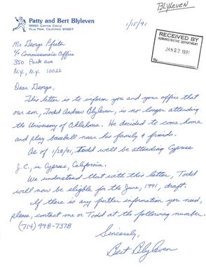A handwritten letter penned by future Hall of Fame pitcher Bert Blyleven to MLB executive George Pfister in 1991, in which he states his son Todd’s intent to enter the June draft. (National Baseball Hall of Fame Library)