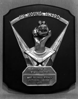 Steve Carlton would become the first pitcher in history to win four Cy Young Awards, including this one from 1980, which is preserved at the National Baseball Hall of Fame. (Milo Stewart Jr. / National Baseball Hall of Fame) 