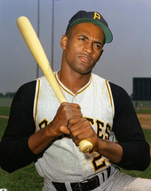 Roberto Clemente of the Pittsburgh Pirates posing with a bat. BL-689-97 (Photo File / National Baseball Hall of Fame Library)