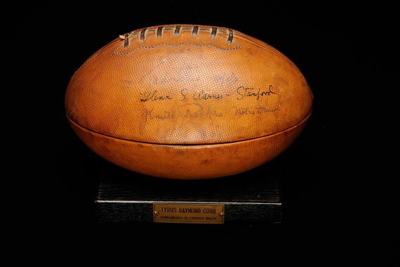 This cigar holder made from a football was autographed by Knute Rockne, among others, and given to Ty Cobb by promoter Christy Walsh. (Milo Stewart, Jr. / National Baseball Hall of Fame)