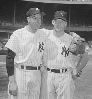 Mickey Mantle, right, replaced Joe DiMaggio in center field for the Yankees. From DiMaggio's debut in 1936 to Mantle's retirement following the 1968 season, the Yankees won 16 World Series titles. (Osvaldo Salas/National Baseball Hall of Fame and Museum)