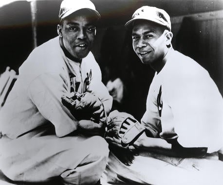 Larry Doby (right) pictured with fellow future Hall of Famer Monte Irvin while they were playing on the Negro Leagues' Newark Eagles. (National Baseball Hall of Fame and Museum) 