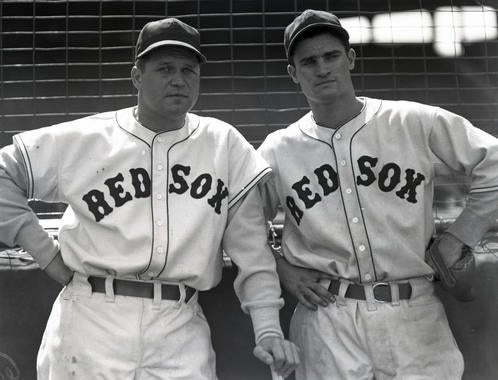 Jimmie Foxx (left), seen here with another future Hall of Famer, Bobby Doerr, pitched one scoreless inning with the Red Sox in 1939. BL-7-2007-30 (National Baseball Hall of Fame Library)