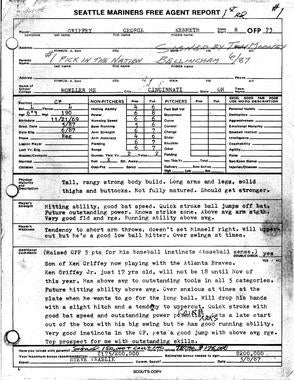 A 1987 scouting report on Ken Griffey Jr., the Seattle Mariners' No. 1 overall pick that year, filed by team scout Steve Vrablik. The report mentions Griffey's 