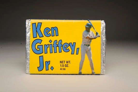 The Ken Griffey Jr. chocolate bar was released just one month after Griffey's major league debut in 1989. This surviving bar is on display in the Museum's <em>Whole New Ballgame</em> exhibit. BAA-167-3d (Milo Stewart, Jr. / National Baseball Hall of Fame)