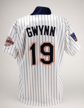 Tony Gwynn wore this jersey when he hit .394 in 1994, the highest batting average for any player for a season since Ted Williams hit .406 in 1941. (Milo Stewart Jr./National Baseball Hall of Fame and Museum)