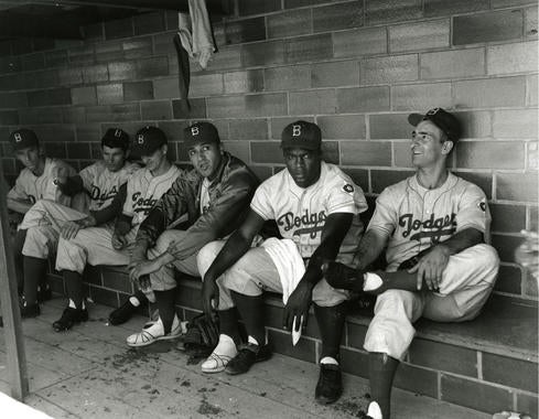 From left, Phil Haugstad, Preacher Roe, Clem Labine, Don Newcombe, Jackie Robinson and Cal Abrams share a moment at the July 23, 1951, Hall of Fame Game in Cooperstown. (National Baseball Hall of Fame and Museum)