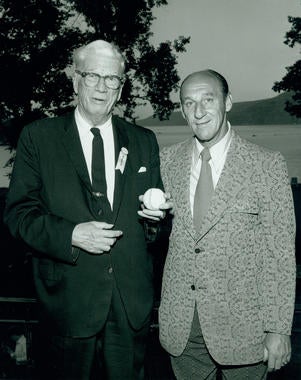 Hall of Fame southpaw Lefty Grove (left) poses with Warren Spahn at Hall of Fame Weekend in 1973. (National Baseball Hall of Fame and Museum) 