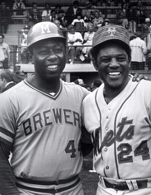 Future Hall of Famers Hank Aaron of the Brewers and Willie Mays of the Mets are all smiles at Doubleday Field on Aug. 9, 1976. (National Baseball Hall of Fame and Museum)