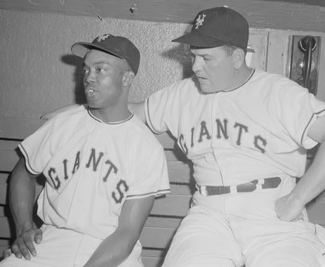 Monte Irvin, shown on left with Giants teammate Herman Franks, led the National League with 121 RBI in 1951. (Osvaldo Salas/National Baseball Hall of Fame and Museum)