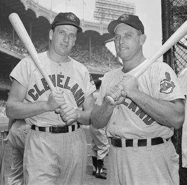 Ralph Kiner, shown on left with Cleveland teammate Gene Woodling, played the final season of his big league career with the Indians in 1955. (Osvaldo Salas/National Baseball Hall of Fame and Museum)