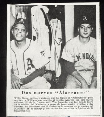 A Cuban newspaper clipping shows future Hall of Famers Willie Mays and Tommy Lasorda as teammates for Almendares during the 1950-51 Cuban Winter League season. B-24-2009-6 (National Baseball Hall of Fame Library)