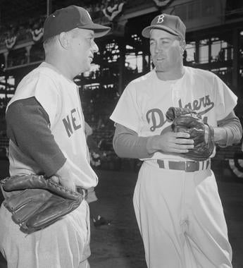 Duke Snider, right, and Eddie Lopat chat during one of multiple meetings of the Dodgers and Yankees in the 1940s and 1950s. (Osvaldo Salas/National Baseball Hall of Fame and Museum)