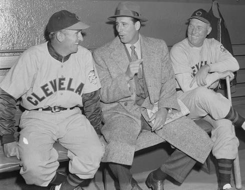 Red Ruffing, right, served as a coach following his 22-year playing career, including a stint with the Indians with manager Al López, left, and general manager Hank Greenberg. (Osvaldo Salas/National Baseball Hall of Fame and Museum)