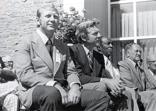 Mickey Mantle (far left) was inducted into the National Baseball Hall of Fame in 1974, five years after he retired. (National Baseball Hall of Fame) 