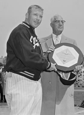 Mickey Mantle accepts the American League Most Valuable Player Award from AL president Will Harridge. (Osvaldo Salas/National Baseball Hall of Fame and Museum)