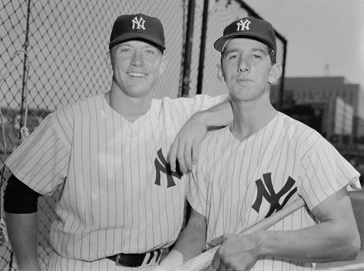 Mickey Mantle, left, and Billy Martin were Yankees teammates for six seasons, four of which culminated in World Series championships. (Osvaldo Salas/National Baseball Hall of Fame and Museum)