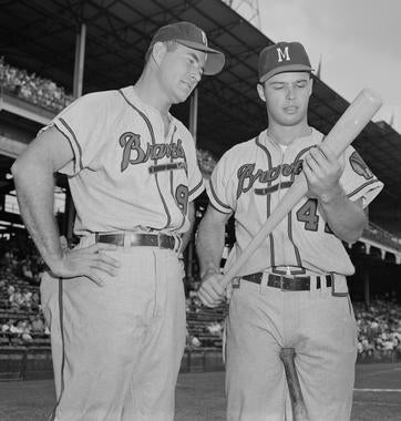 Eddie Mathews, right, and teammate Joe Adcock helped the Braves win NL pennants in 1957 and 1958 and the 1957 World Series. (Osvaldo Salas/National Baseball Hall of Fame and Museum)