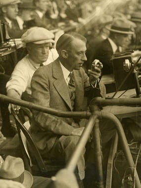 Graham McNamee photographed broadcasting the second game of the 1924 World Series on October 5, 1924. BL-102.62j (National Baseball Hall of Fame Library)
