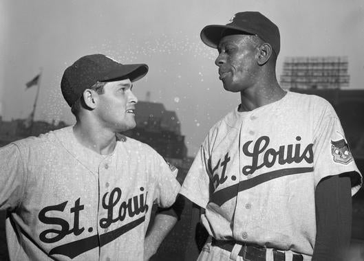 Satchel Paige, right, pitched for the St. Louis Browns from 1951-53, teaming with infielder Willy Miranda for the latter two seasons. (Osvaldo Salas/National Baseball Hall of Fame and Museum)