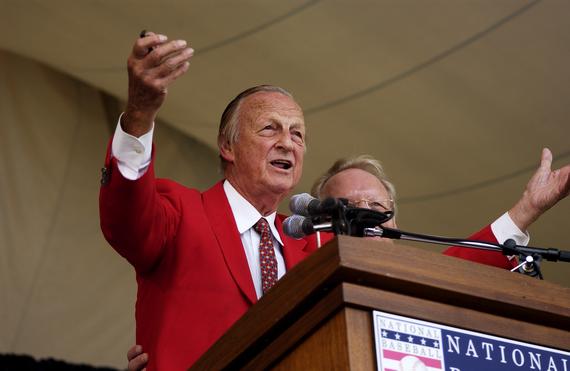 For many years, Stan Musial played his harmonica and led the crowd in a rendition of “Take Me Out to the Ballgame” at the Hall of Fame Induction Ceremony in Cooperstown. (Milo Stewart, Jr. / National Baseball Hall of Fame)