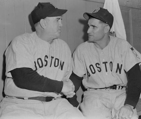 Bobby Doerr, right, shakes hands with Red Sox manager Steve O'Neill. Doerr played his entire 14-year big league career with the Red Sox. (Osvaldo Salas/National Baseball Hall of Fame and Museum)
