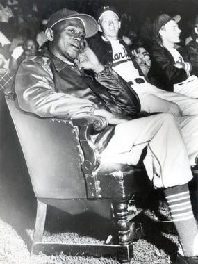 Satchel Paige relaxes in a special chair while playing with the Triple-A Miami Marlins. Paige pitched with Miami from 1956-58. BL-1843-63e (National Baseball Hall of Fame Library)