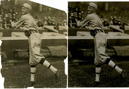 Before and After: A stabilized Charles Conlon photograph of Hall of Famer Herb Pennock. BL- 723-94 (Charles M. Conlon / National Baseball Hall of Fame Library)
