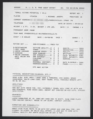 A 1986 report on Mike Piazza filed by Brad Kohler of the Major League Scouting Bureau. Kohler stated the prospect “lack[ed] knowledge of first base,” perhaps foreshadowing Piazza’s move to the catcher position with the Los Angeles Dodgers. (National Baseball Hall of Fame Library)