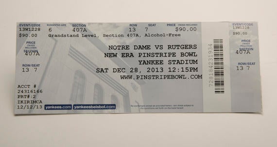 This ticket from the 2013 New Era Pinstripe Bowl at Yankee Stadium is part of the Museum’s permanent collection. (Milo Stewart, Jr. / National Baseball Hall of Fame)