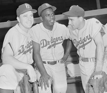 From left, Pee Wee Rese, Jackie Robinson and Billy Cox comprised three quarters of the Dodgers infield during the late 1940s and early 1950s. (Osvaldo Salas/National Baseball Hall of Fame and Museum)