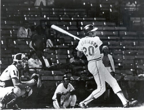 Although Baltimore's Memorial Stadium was mostly empty at the end of a long day that featured a doubleheader, Frank Robinson made history on Sept. 13, 1971 by hitting his 500th home run. (National Baseball Hall of Fame and Museum) 