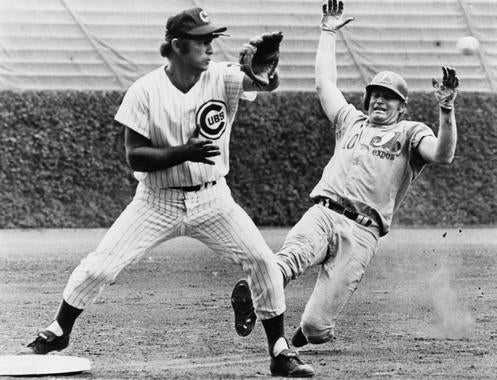 Chicago Cubs third baseman Ron Santo collects a putout in a game against the Montreal Expos at Wrigley Field. Santo captured five consecutive Gold Glove Awards from 1964-68. BL-5510-72 (National Baseball Hall of Fame Library)