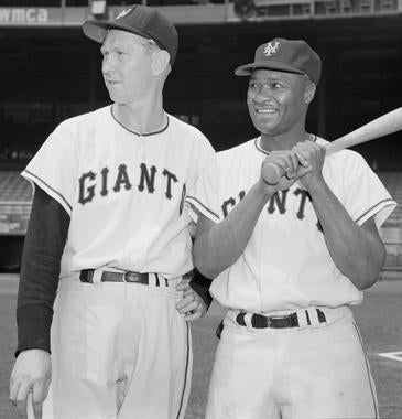 In 1956, Red Schoendienst, left, was traded by the Cardinals to the Giants, where he teamed up with Hank Thompson. (Osvaldo Salas/National Baseball Hall of Fame and Museum)
