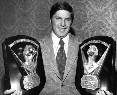 Tom Seaver holds two of his Cy Young Awards, after being awarded his third, in 1975. (National Baseball Hall of Fame Library) 