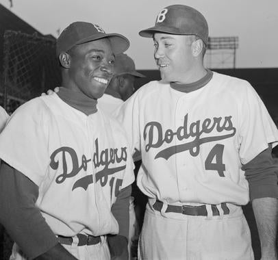 Duke Snider, right, teamed with Sandy Amoros on the Dodgers for parts of seven seasons. (Osvaldo Salas/National Baseball Hall of Fame and Museum)