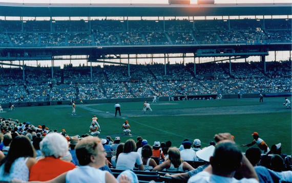 Some of the wholly unique aspects of “The Friendly Confines” include the old-fashioned scoreboard in center field, the proximity of fans to the field and the ivy-lined outfield walls that have given opposing players fits for decades. BL-448-92 (National Baseball Hall of Fame Library)