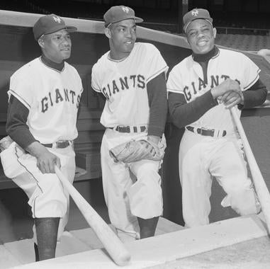 From left, Hank Thompson, Monte Irvin and Willie Mays teamed up to lead the Giants to two National League pennants and a World Series title from 1951-54. (Osvaldo Salas/National Baseball Hall of Fame and Museum)