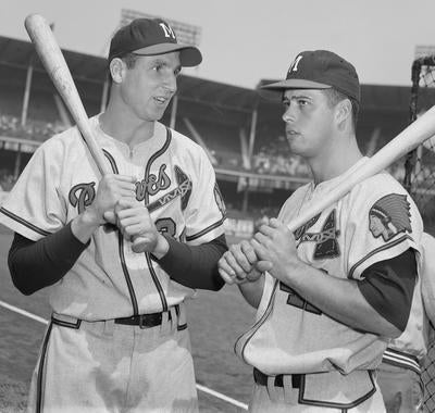 Bobby Thomson, left, joined Eddie Mathews on the Braves following a trade prior to the 1954 season. (Osvaldo Salas/National Baseball Hall of Fame and Museum)