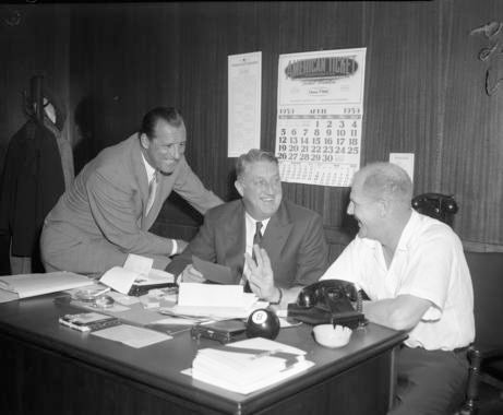 Chicago White Sox management in 1959. From left to right:  Hank Greenberg, John Rigney and Bill Veeck. BL-431.71 (National Baseball Hall of Fame Library)
