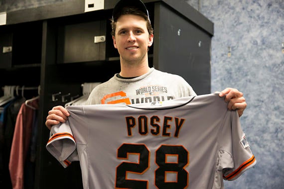Giants catcher Buster Posey wore this jersey during Game 7 of the 2014 World Series. Posey has been the starting catcher on the Giants’ three World Series champion teams since 2010. (Jean Fruth/National Baseball Hall of Fame Library)