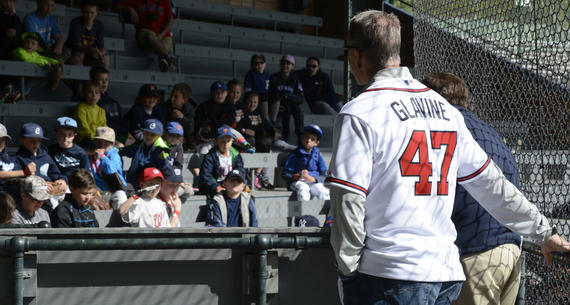 Tom Glavine, who was elected to the Hall of Fame in 2014 after a 22-year big league career, shares some wisdom with kids at the Cooperstown Classic Clinic at Doubleday Field on May 22, 2015. (Milo Stewart Jr./National Baseball Hall of Fame and Museum)