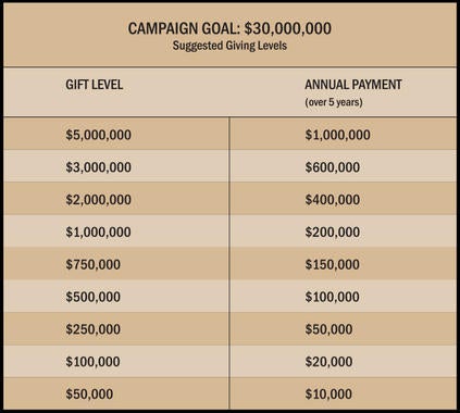 This chart outlines the Campaign gifts needed along with suggested giving levels. (/National Baseball Hall of Fame and Museum)