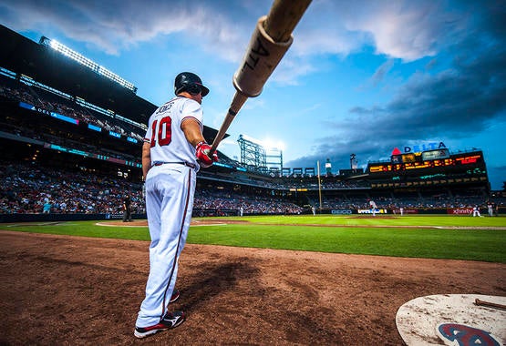 Chipper Jones stands in the on deck circle during a game against the Cincinnati Reds at Turner Field on May 15, 2012. (Pouya Dianat / Atlanta Braves) 